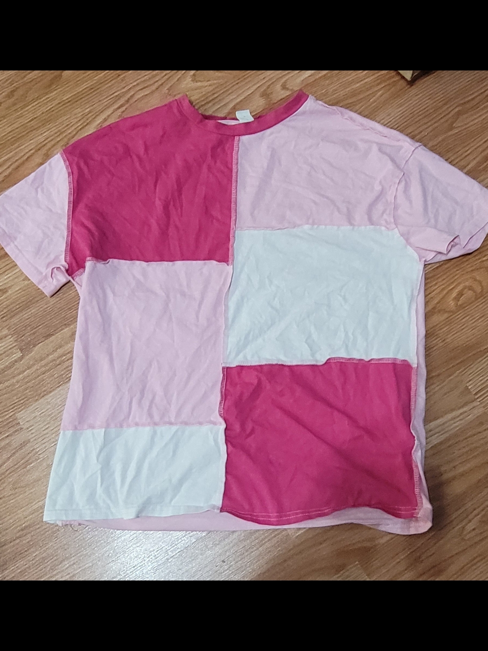 SHEIN Kids Patchwork Colorblock Short Sleeve Tee - Hot Pink, Light Pink, White